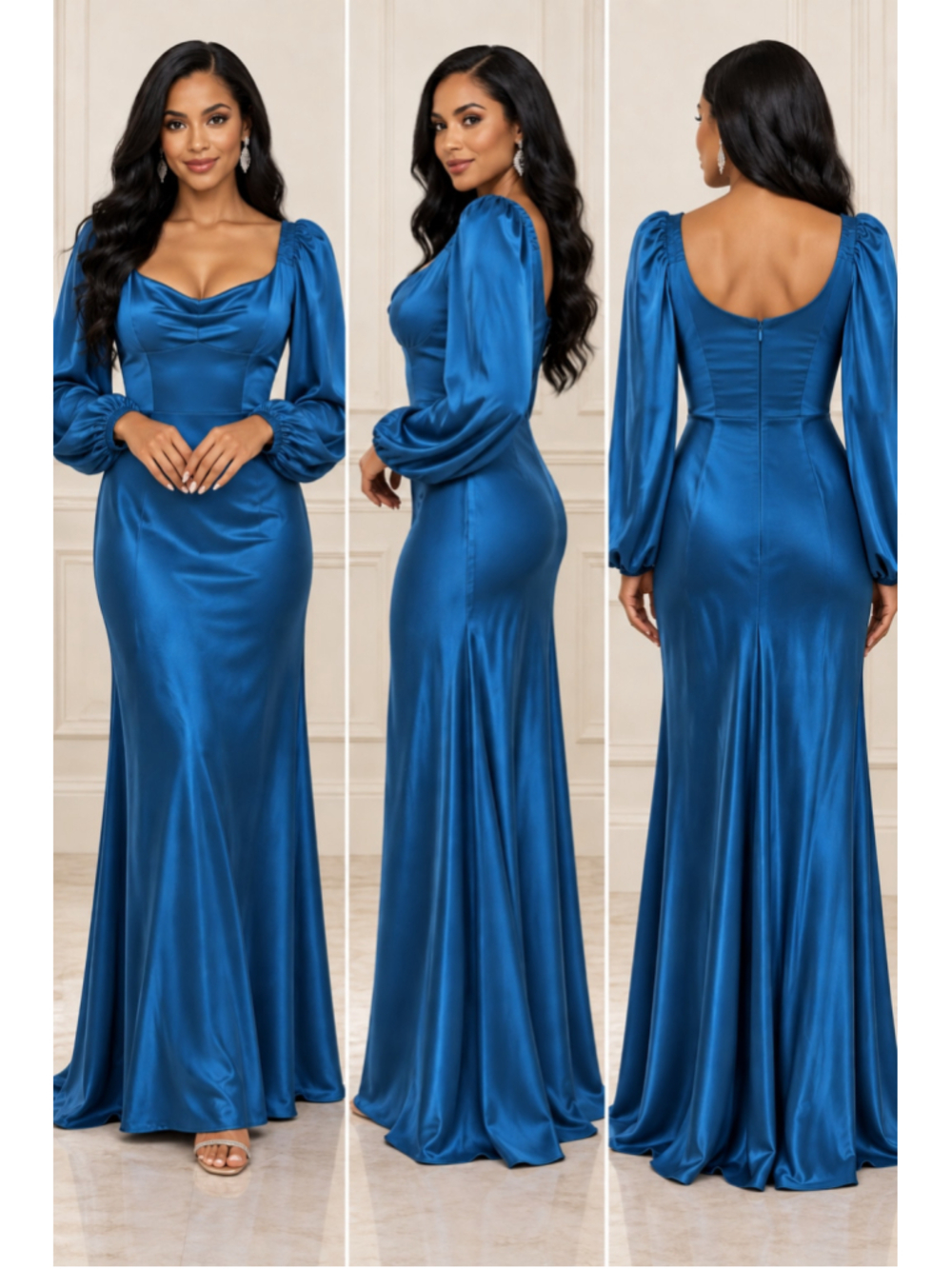 Mac Duggal Blue Satin Long Sleeve Gown, Size 16